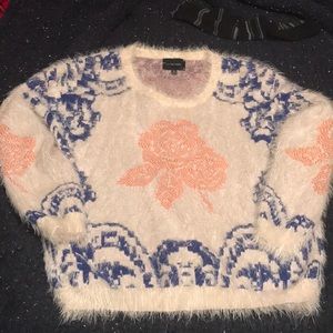 Fluffy White and Blue Sweater with Floral Design